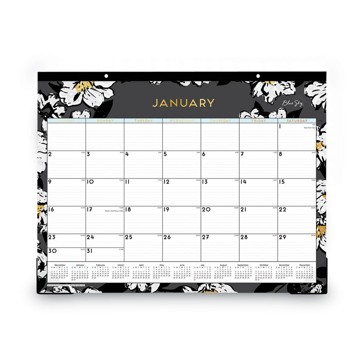 Blue Sky Baccara Dark Desk Pad, Floral Artwork, 22 x 17, White/Black/Gold Sheets, Black Binding, 12-Month (Jan to Dec): 2025 (BLS110215)