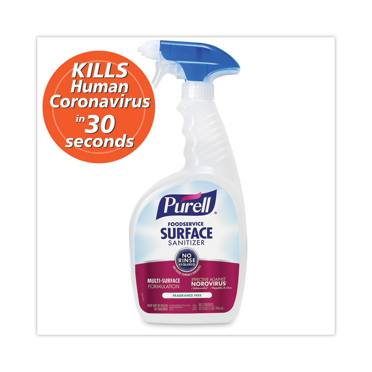 PURELL Foodservice Surface Sanitizer3, Fragrance Free, 32 oz Bottle with Spray Trigger Attached, 6/Carton (GOJ334106RTL)