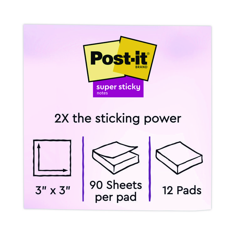 Post-it Notes Recycled Notes in Wanderlust Pastels Collection Colors, 3" x 3", 90 Sheets/Pad, 12 Pads/Pack (MMM65412SSNRP)