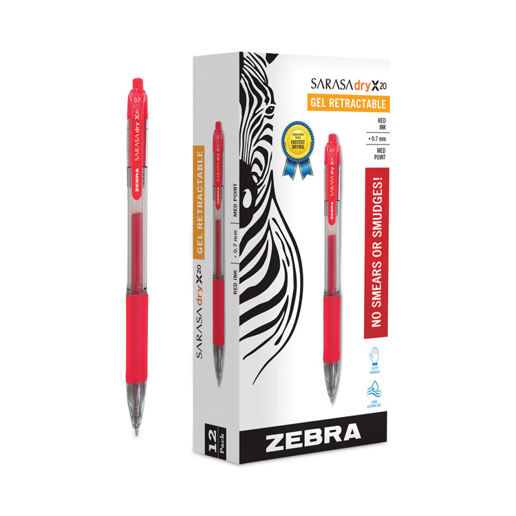 Zebra Sarasa Dry Gel X20 Gel Pen, Retractable, Medium 0.7 mm, Red Ink, Clear/Red Barrel, 12/Pack (ZEB46830)