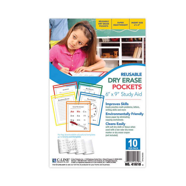 C-Line Reusable Dry Erase Pockets, 6 x 9, Assorted Primary Colors, 10/Pack (CLI41610)