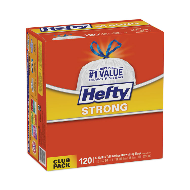 Hefty Strong Tall Kitchen Drawstring Bags, 13 gal, 23.75" x 27", White, 90 Bags/Box, 3 Boxes/Carton (RFPE84574CT)