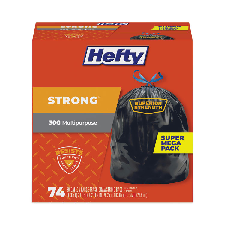 Hefty Strong Multipurpose Drawstring Trash Bags, 30 gal, 1.1 mil, 30" x 33", Black, 74 Bags/Box, 3 Boxes/Carton (PCTE85274CT)