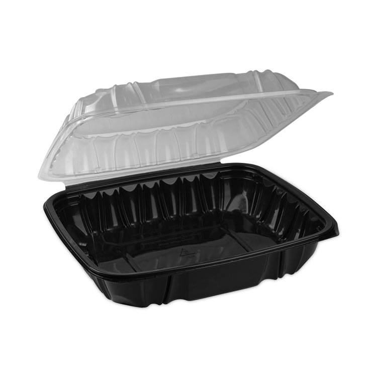 Pactiv Evergreen EarthChoice Vented Dual Color Microwavable Hinged Lid Container, 1-Compartment 66oz, 10.5x9.5x3, Black/Clear, Plastic, 132/CT (PCTDC109100B000)
