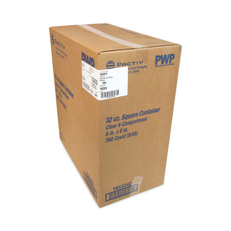 Pactiv Evergreen EarthChoice Square Recycled Bowl,4-Compartment, 32 oz, 6.13 x 6.13 x 2.61, Clear, Plastic, 360/Carton (PCTY6S324C)
