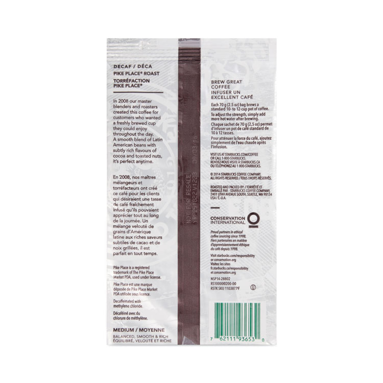 Starbucks Coffee, Pike Place Decaf, 2.7 oz Packet, 72/Carton (SBK11023061CT)