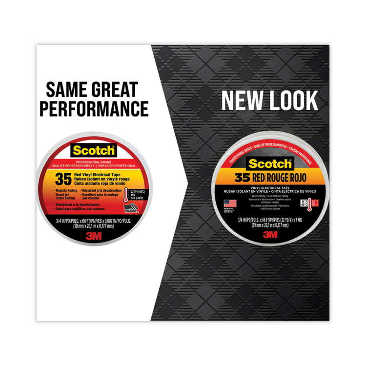 3M Scotch 35 Vinyl Electrical Color Coding Tape, 3" Core, 0.75" x 66 ft, Red (MMM10810)