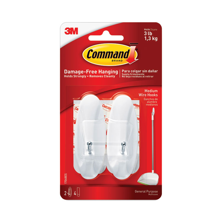 General General Purpose Wire Hooks, Medium, Metal, White, 3 lb Capacity, 2 Hooks and 4 Strips/Pack (MMM17068ES)