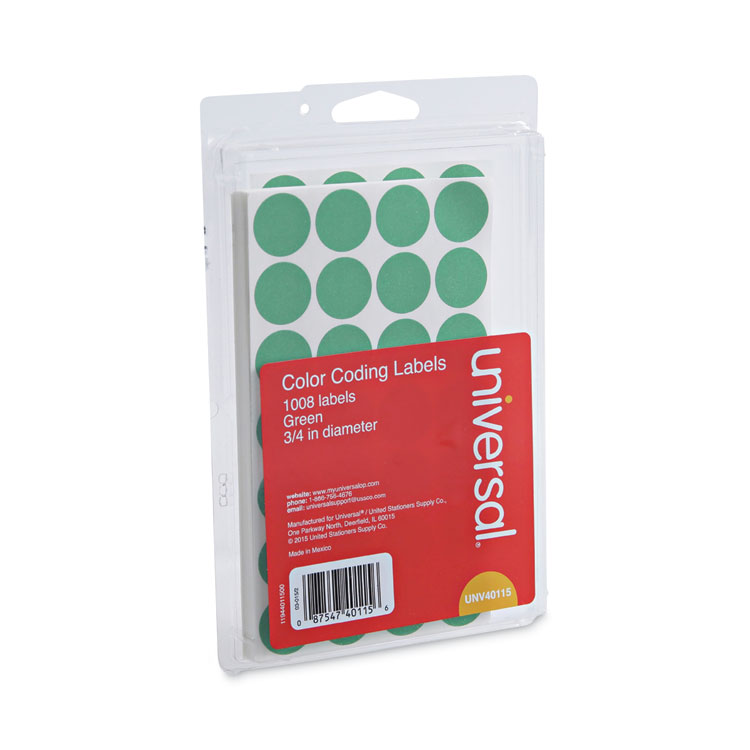 Universal Self-Adhesive Removable Color-Coding Labels, 0.75" dia, Green, 28/Sheet, 36 Sheets/Pack (UNV40115)