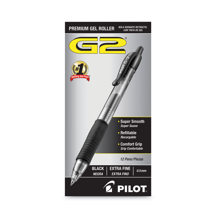 Pilot G2 Premium Gel Pen, Retractable, Extra-Fine 0.5 mm, Black Ink, Smoke/Black Barrel, Dozen (PIL31002)
