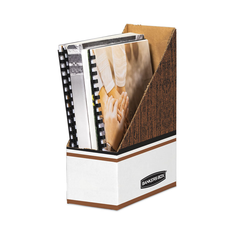 Bankers Box Corrugated Cardboard Magazine File, 4 x 11 x 12.25, Wood Grain, 12/Carton (FEL07224)