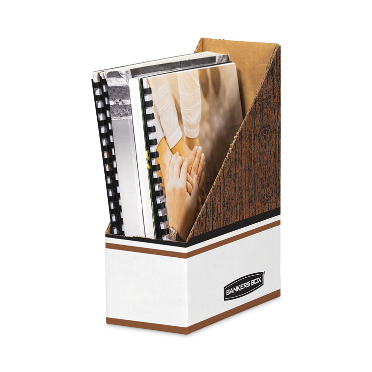 Bankers Box Corrugated Cardboard Magazine File, 4 x 9 x 11.5, Wood Grain, 12/Carton (FEL07223)