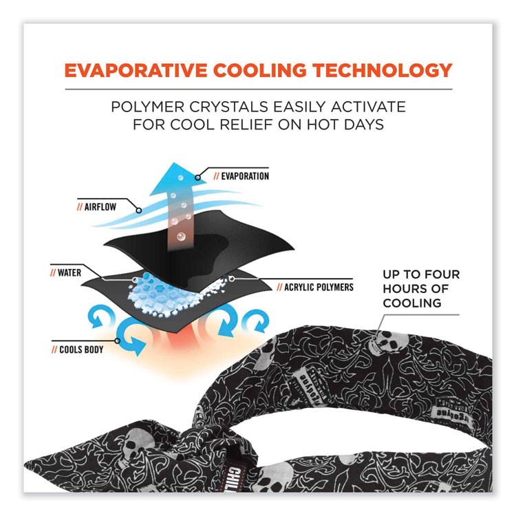 ergodyne Chill-Its 6700 Cooling Bandana Polymer Tie Headband, One Size Fits Most, Skulls (EGO12329)