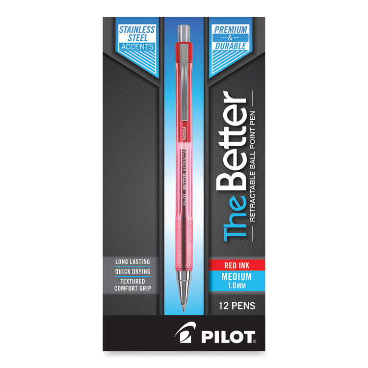 Pilot Better Ballpoint Pen, Retractable, Medium 1 mm, Red Ink, Translucent Red Barrel, Dozen (PIL30007)