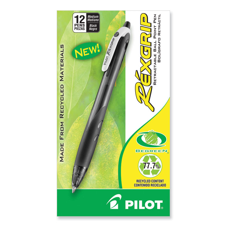 Pilot RexGrip BeGreen Ballpoint Pen, Retractable, Medium 1 mm, Black Ink, Smoke/Black Barrel, Dozen (PIL32370)