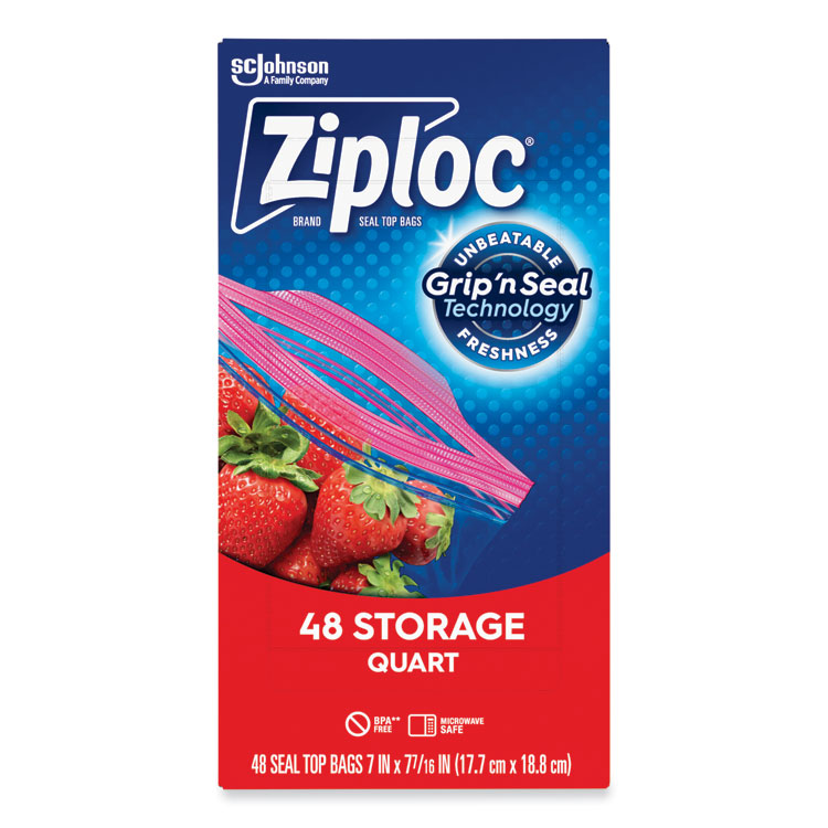 Ziploc Double Zipper Storage Bags, Triple System Seal, Quart, 9.63" x 8.5", Clear, 48/Box (SJN314469BX)
