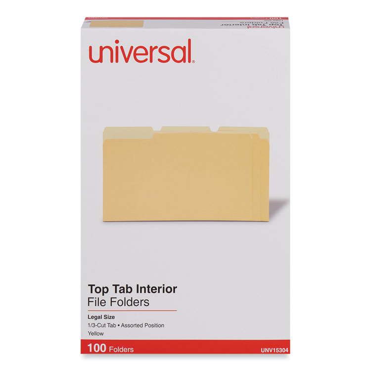 Universal Interior File Folders, 1/3-Cut Tabs: Assorted, Legal Size, 11-pt Stock, Yellow, 100/Box (UNV15304)