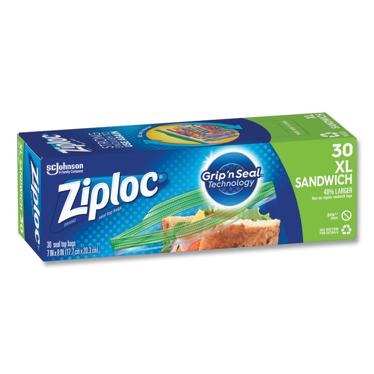 Ziploc Sandwich Seal Top Bags, XL Sandwich, 8" x 7", Clear, 30/Box (SJN315880)
