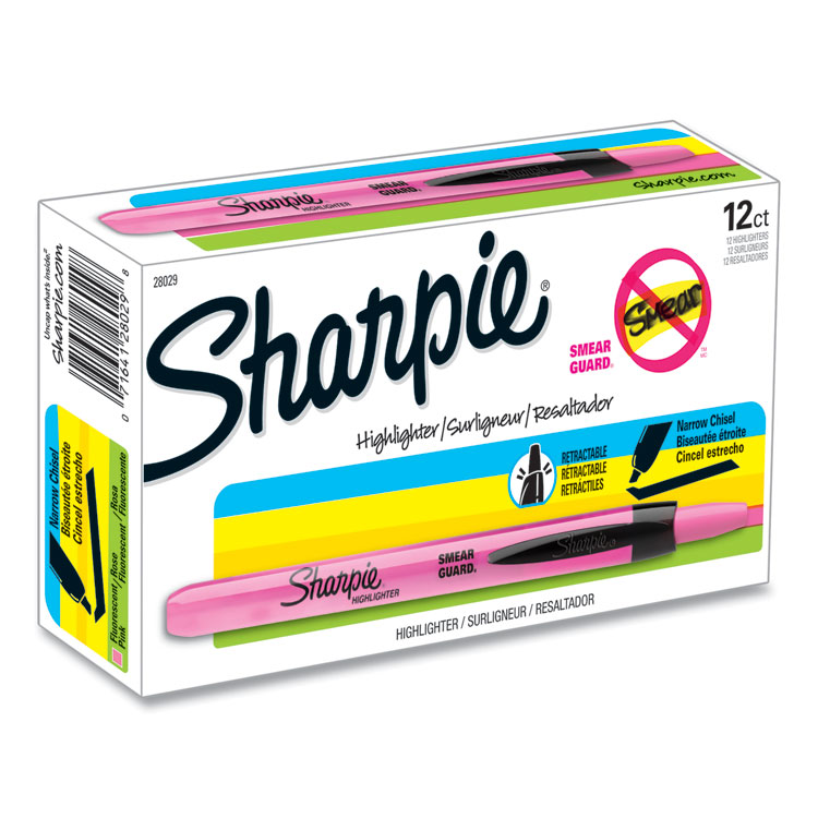 Sharpie Retractable Highlighters, Fluorescent Pink Ink, Chisel Tip, Pink/Black Barrel, Dozen (SAN28029)
