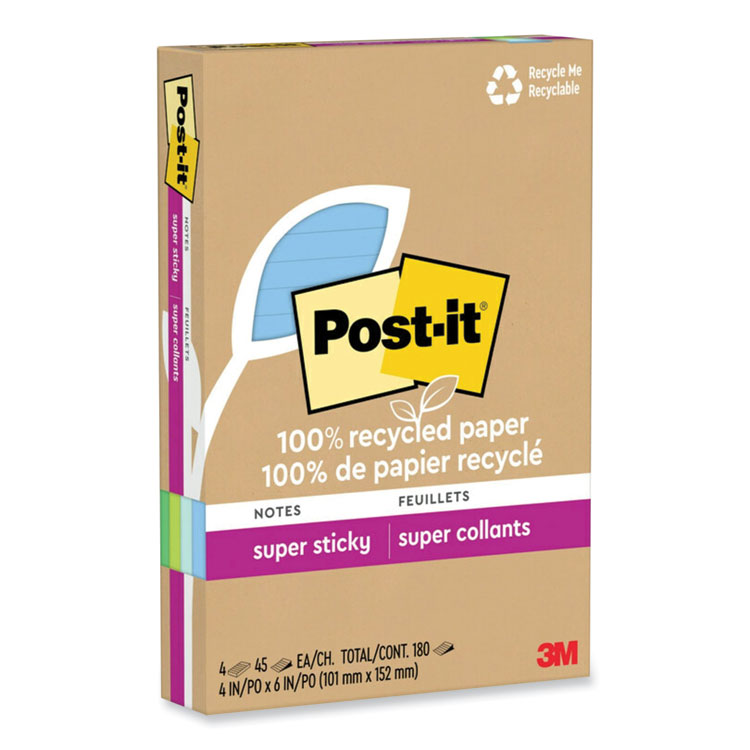 Post-it Notes 100% Recycled Paper Super Sticky Notes, Ruled, 4" x 6", Oasis, 45 Sheets/Pad, 4 Pads/Pack (MMM4621R4SST)