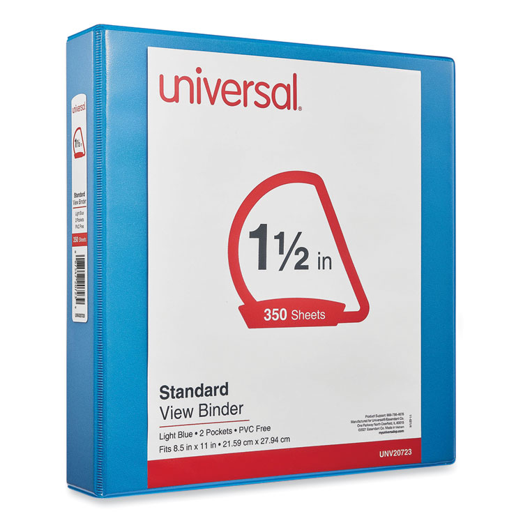 Universal Slant D-Ring View Binder, 3 Rings, 1.5" Capacity, 11 x 8.5, Light Blue (UNV20723)