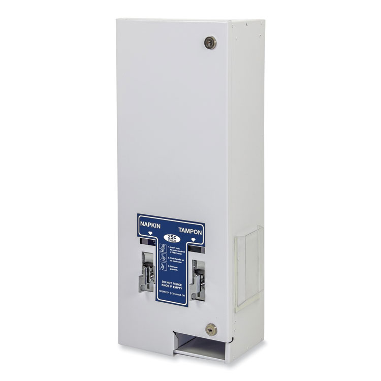 HOSPECO Dual Sanitary Napkin/Tampon Dispenser, 25 Cent Coin Mechanism, 11.13 x 7.63 x 26.38, White/Blue (HOS125)