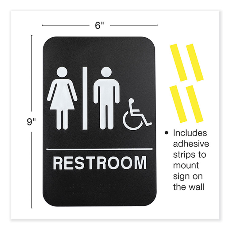 Excello Global Products Indoor/Outdoor Restroom Sign with Braille Text and Wheelchair, 6" x 9", Black Face, White Graphics, 3/Pack (EXOHD0036S)