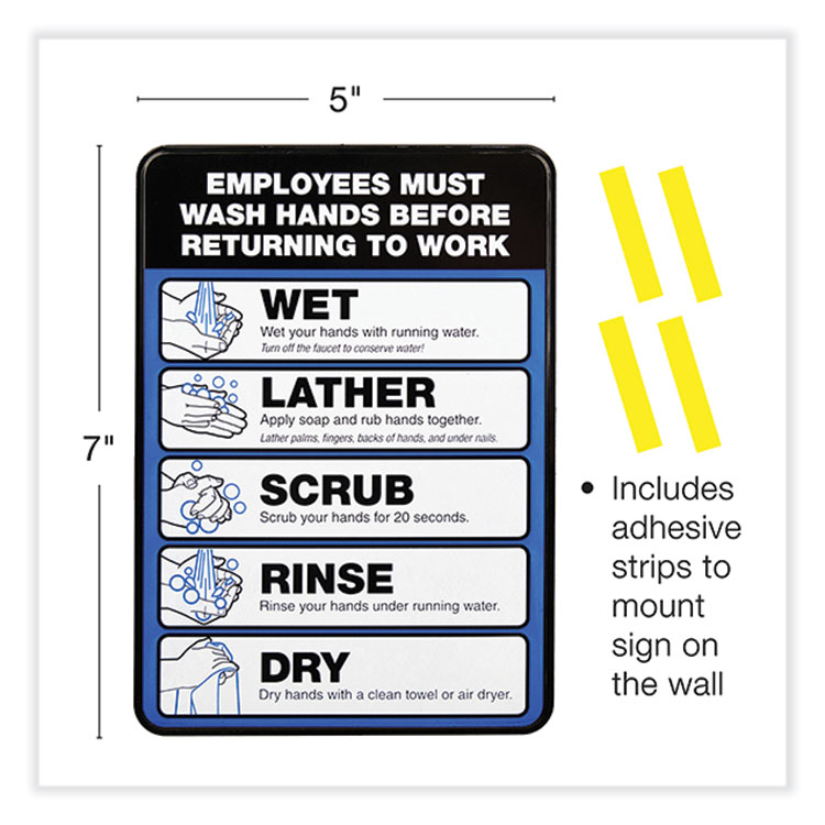 Excello Global Products Employees Must Wash Hands Indoor Wall Sign, 5" x 7", Black/Blue/White Face, Black/Blue Graphics, 2/Pack (EXOHD0171S)