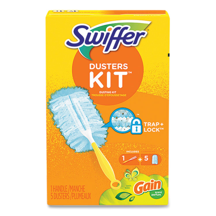 Swiffer Dusters Starter Kit, Dust Lock Fiber, 6" Handle, Blue/Yellow, Gain Scent (PGC74330)