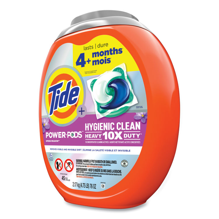 Tide Hygienic Clean Heavy 10x Duty Power Pods, Fresh Meadow Scent, 76 oz Tub, 45 Pods, 4/Carton (PGC09493)