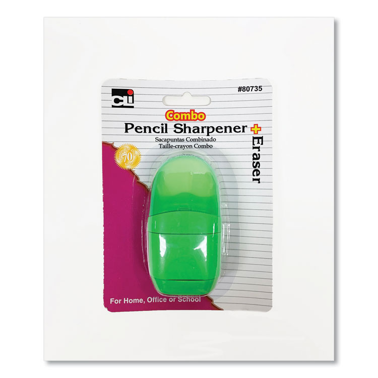 Charles Leonard One-Hole Pencil Sharpener/Eraser Combo, 1" x 0.75", Randomly Assorted Colors (LEO80735)