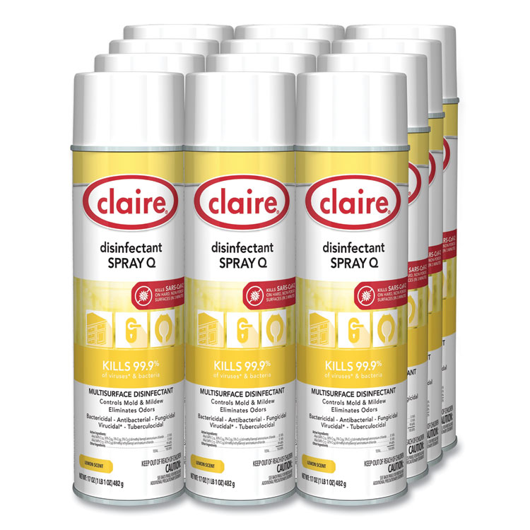 Claire Spray Q Disinfectant, Lemon Scent, 17 oz Aerosol Spray, Dozen (CGC1002)