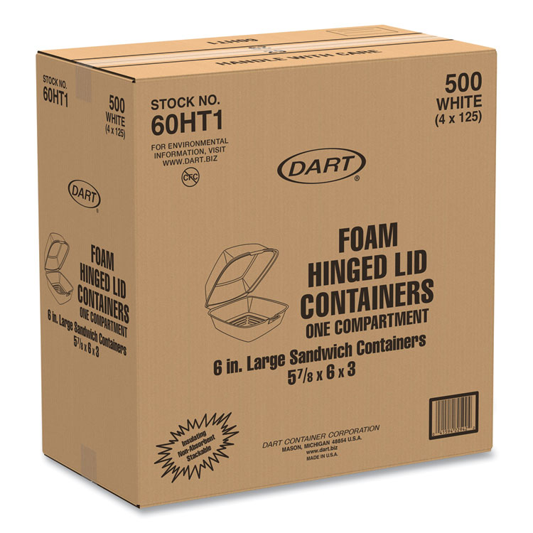 Dart Foam Hinged Lid Containers, 6 x 5.78 x 3, White, 500/Carton (DCC60HT1)