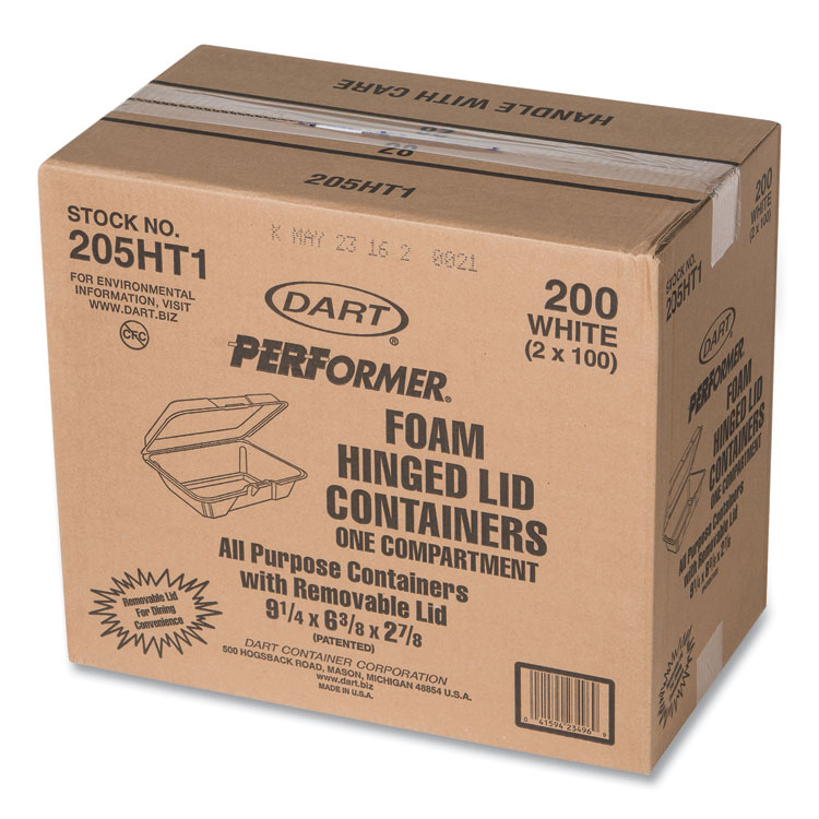 Dart Foam Hinged Lid Containers, 1-Compartment, 6.4 x 9.3 x 2.9, White, 100/Pack, 2 Packs/Carton (DCC205HT1)