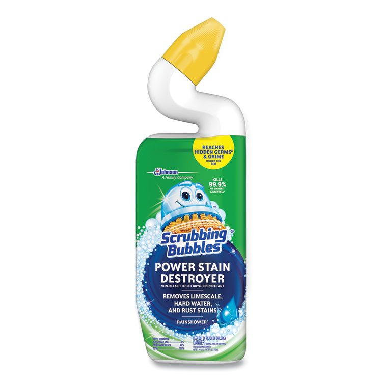 Scrubbing Bubbles Power Stain Destroyer Toilet Bowl Disinfectant, Rainshower Scent, 24 oz Bottle, 6/Carton (SJN309110)