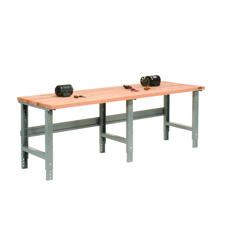 Global Industrial Standard Duty Butcher Block Top Adjustable Height Workbench, 2,000 lbs, 96 x 36 x 30.88 to 36.88, Maple/Gray (GBE183179)