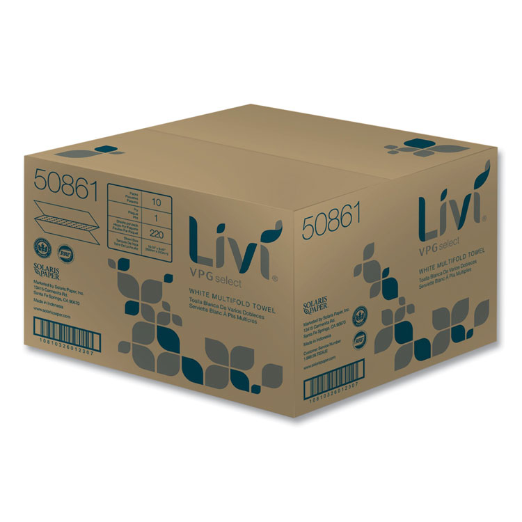Livi VPG Select Multifold Towel, 1-Ply, 9.45 x 10.55, White, 220 Sheets/Pack, 10 Packs/Carton (SOL50861)