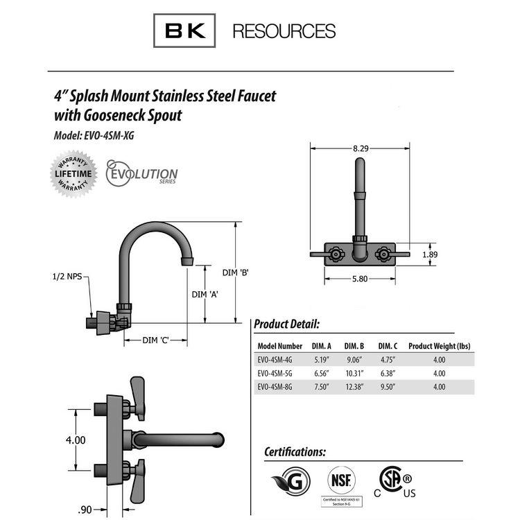 BK Resources Evolution Splash Mount Stainless Steel Faucet, 12.38" Height/8" Reach, Stainless Steel (BKEEVO4SM8G)