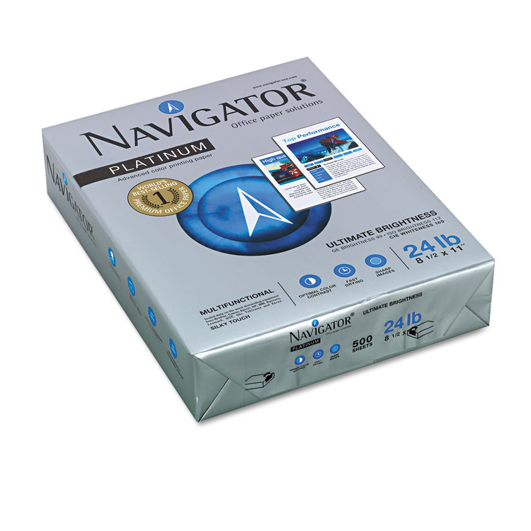 Navigator Platinum Paper, 99 Bright, 24 lb Bond Weight, 8.5 x 11, White, 500 Sheets/Ream, 5 Reams/Carton (SNANPL11245R)