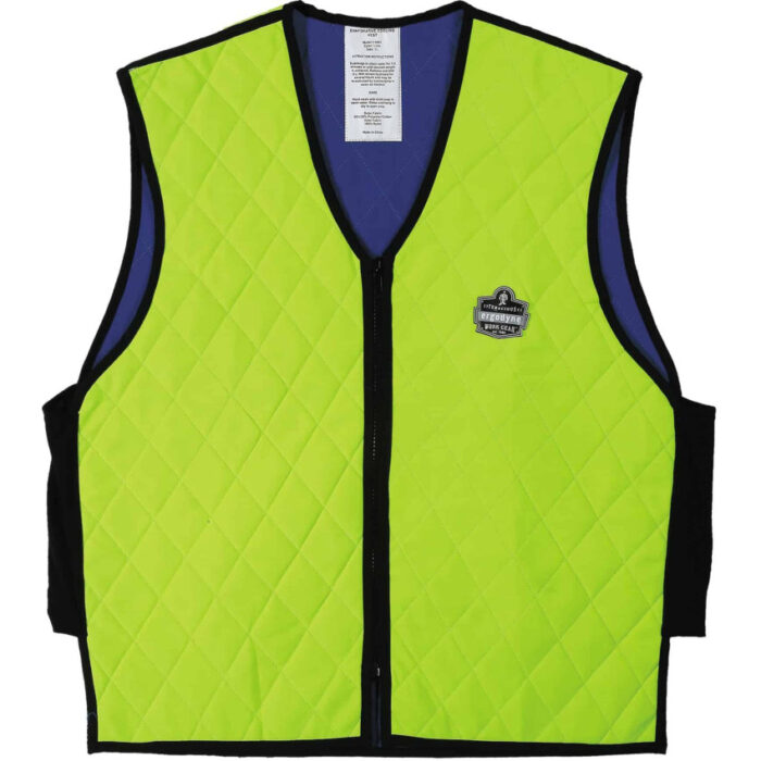 Ergodyne Chill-Its 6665 Cooling Vest is a lightweight vest that cools you down in hot weather. Soak it in water, wring it out, and wear it over a T-shirt; it uses special fabric to stay cool as water evaporates (like sweat). It has a durable nylon outside, mesh sides for airflow, and a water-resistant lining (it might feel slightly damp). Medium fits chests 36"–38". Perfect for staying cool on scorching days.