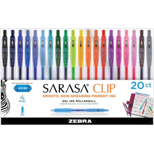 Zebra Sarasa Clip Gel Pen, Retractable, Fine 0.5 mm, Assorted Ink and Barrel Colors, 20/Pack (ZEB47220)