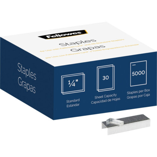 Fellowes Standard 0.25" Full Strip Staples, 0.25" Leg, 0.5" Crown, Steel, 5,000/Pack (FEL5009501)