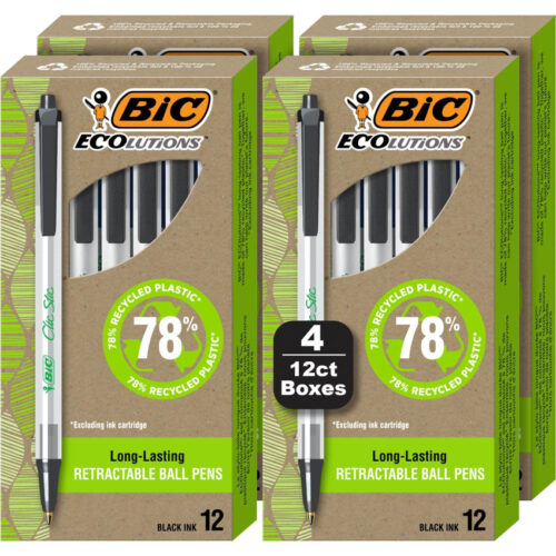 BIC ReVolution Clic Stic Ballpoint Pen, Retractable, Medium 1 mm, Black Ink, Translucent Frost/Black Barrel, 48/Pack (BICCSEM48BK)