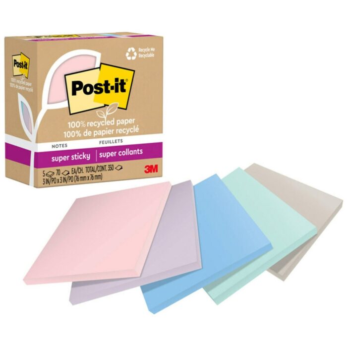 Post-it Notes 100% Recycled Paper Super Sticky Notes, 3" x 3", Wanderlust Pastels, 70 Sheets/Pad, 5 Pads/Pack (MMM654R5SSNRP)