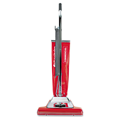 Sanitaire TRADITION Upright Vacuum is a heavy-duty vacuum built for tough jobs. It has a wide 16-inch cleaning path and a strong chrome hood for extra durability. The 18-quart shake-out bag holds a lot of dirt, so you don’t have to empty it often, and the long 50-foot cord lets you clean large areas without stopping. It’s easy to maintain with a clear fan chamber that helps spot and fix clogs. With a powerful motor and replaceable brush bristles, this red vacuum is great for commercial or large cleaning jobs.