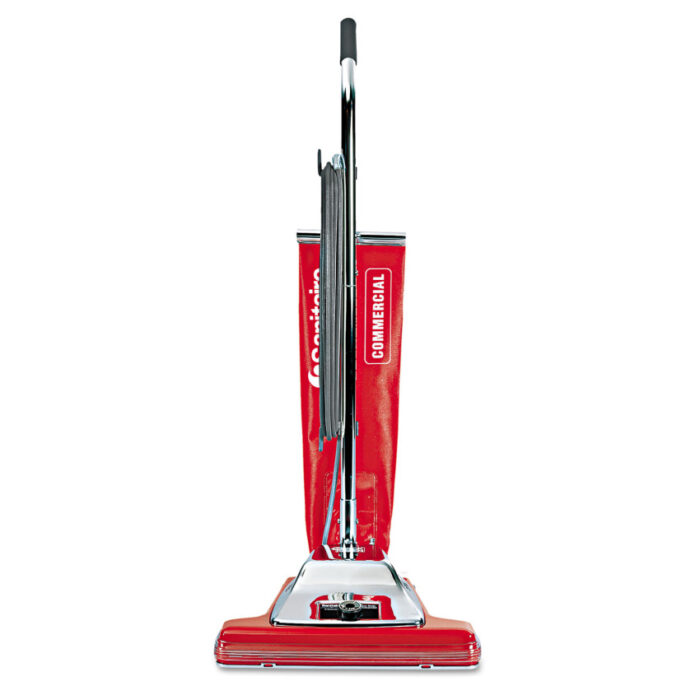 Sanitaire TRADITION Upright Vacuum is a heavy-duty vacuum built for tough jobs. It has a wide 16-inch cleaning path and a strong chrome hood for extra durability. The 18-quart shake-out bag holds a lot of dirt, so you don’t have to empty it often, and the long 50-foot cord lets you clean large areas without stopping. It’s easy to maintain with a clear fan chamber that helps spot and fix clogs. With a powerful motor and replaceable brush bristles, this red vacuum is great for commercial or large cleaning jobs.