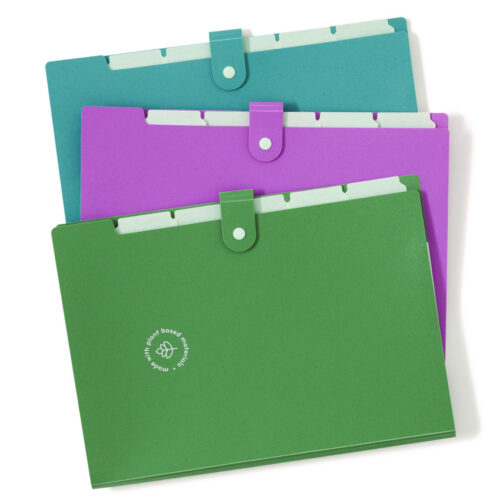 U Brands U-Eco Expandable Folder is a set of three stylish, eco-friendly folders made from durable, water-resistant poly wheat straw. These folders are acid-free and PVC-free, making them safe for your documents. Each folder has six pockets and a snap button closure to keep everything secure. They expand to hold large documents and built-in tabs for easy labeling. The set includes three colors for easy organization and is packaged in recycled materials. Perfect for keeping your papers organized sustainably.