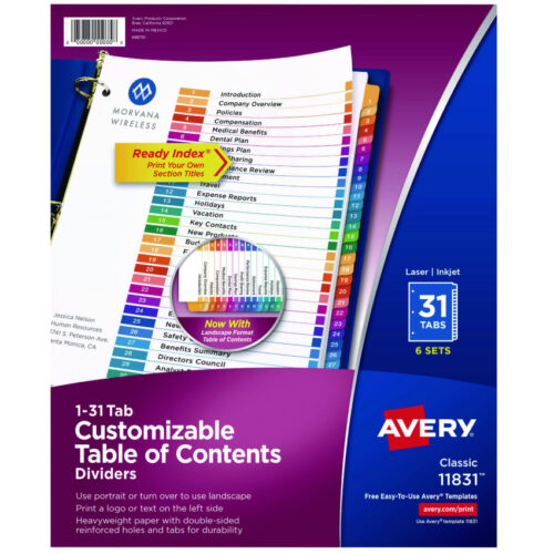 Avery Customizable Table of Contents Ready Index Multicolor Dividers, 31-Tab, 1 to 31, 11 x 8.5, White, 6 Sets (AVE11831)