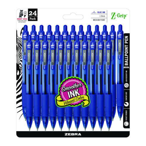 Zebra Z-Grip Ballpoint Pen, Retractable, Medium 1 mm, Blue Ink, Translucent Blue/Blue Barrel, 24/Pack (ZEB12225)