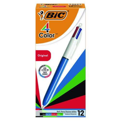 BIC 4-Color Multi-Color Ballpoint Pen, Retractable, Medium 1 mm, Black/Blue/Green/Red Ink, Blue/White Barrel (BICMM11)